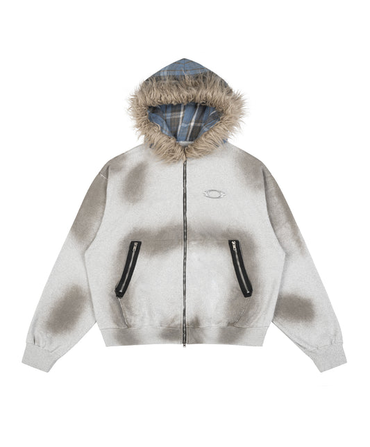 FUR METAL LOGO ZIP HOODIE / GREY